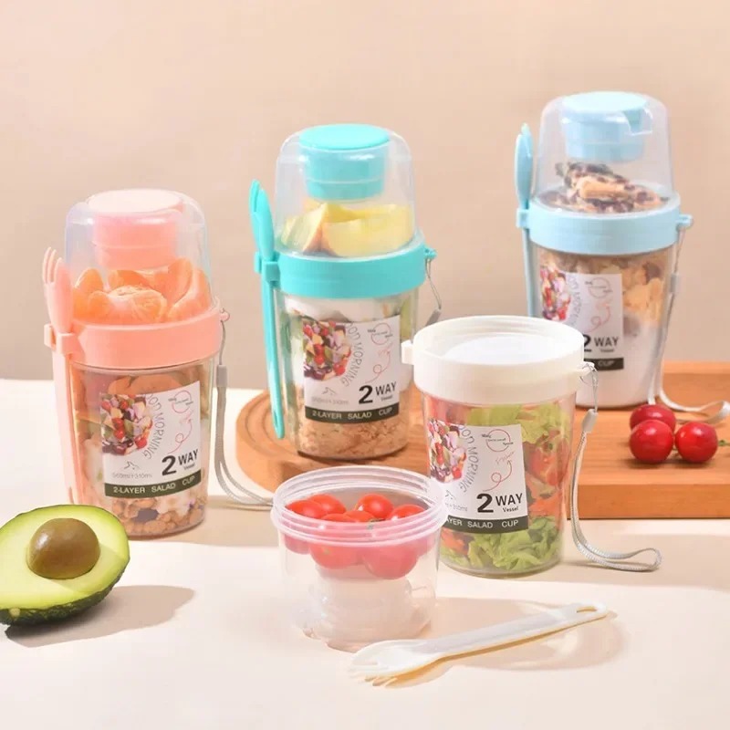 Salad Container Jar - Portable Salad Cup Double Oatmeal Cup